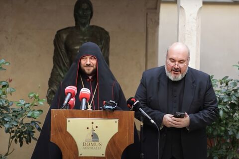 Bishop Mykola Cardinal Bychok holds a press conference after the conclave in Rome