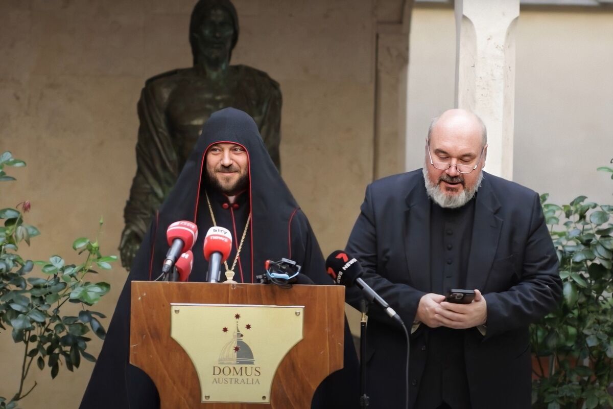 Bishop Mykola Cardinal Bychok holds a press conference after the conclave in Rome